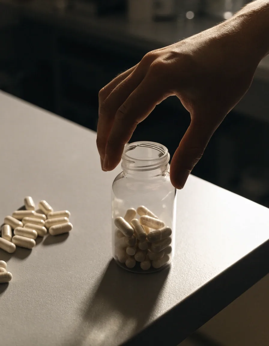 A row of plain unbranded supplement containers and loose capsules lined up on a matte pharmacy shelf