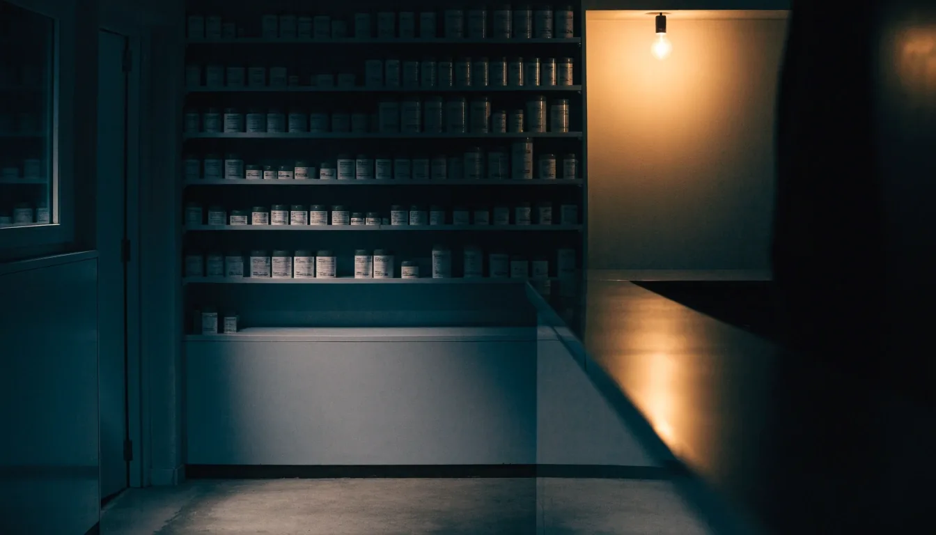 An empty apotek interior at night with a plain shelf wall and one warm bulb glowing in the corner