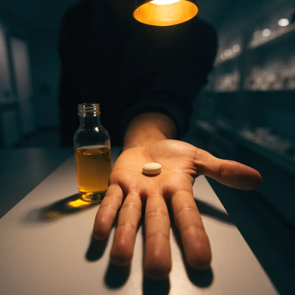 A hand holding a single unbranded multivitamin tablet beside an unlabelled amber bottle on a matte counter