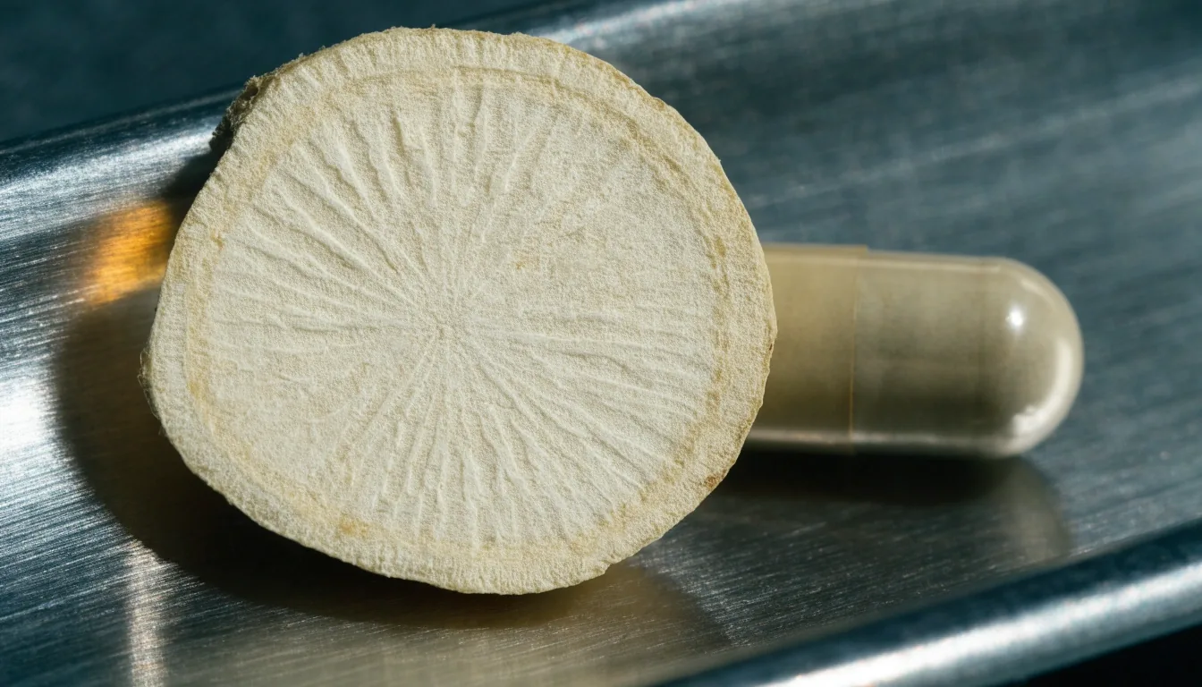 Macro view of a dried maca root slice with visible rings on a brushed metal tray beside an unlabelled capsule