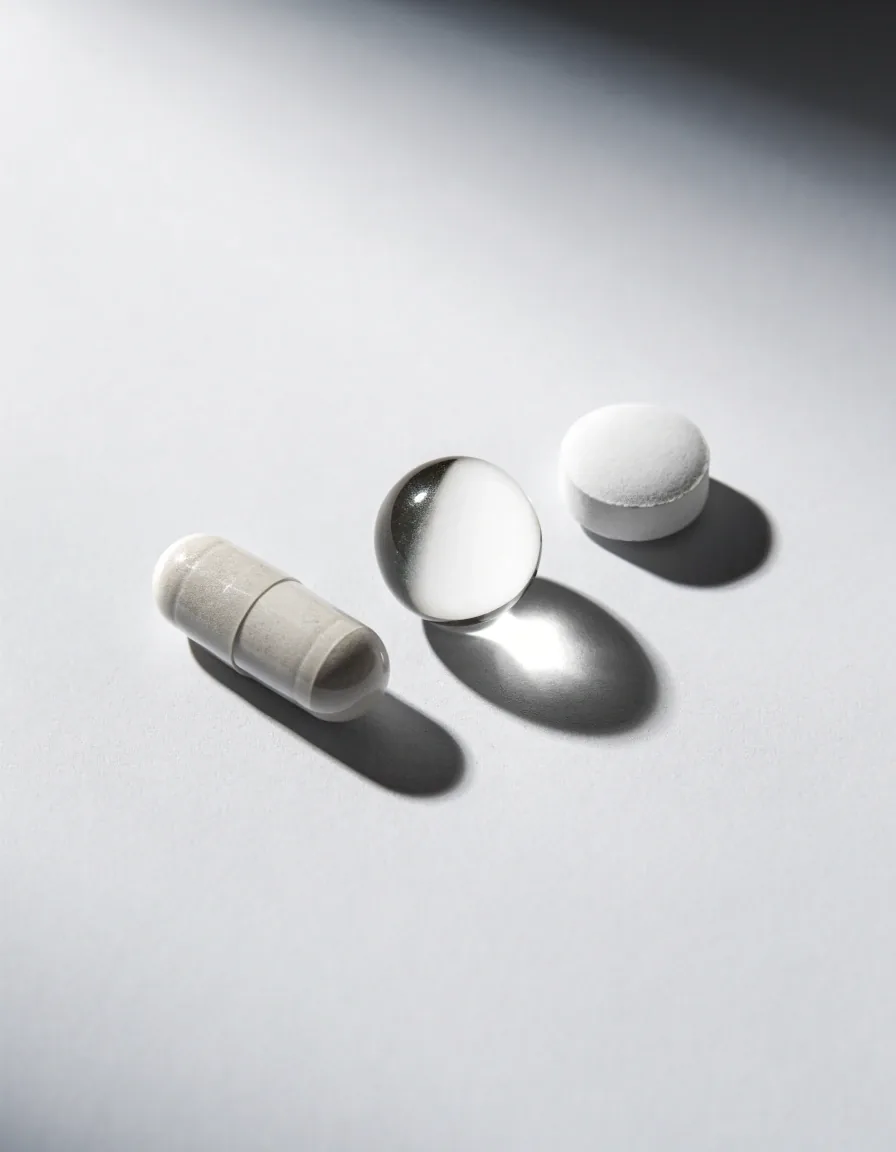 A capsule, a softgel and a tablet in a row on a matte pale surface under a single hard light