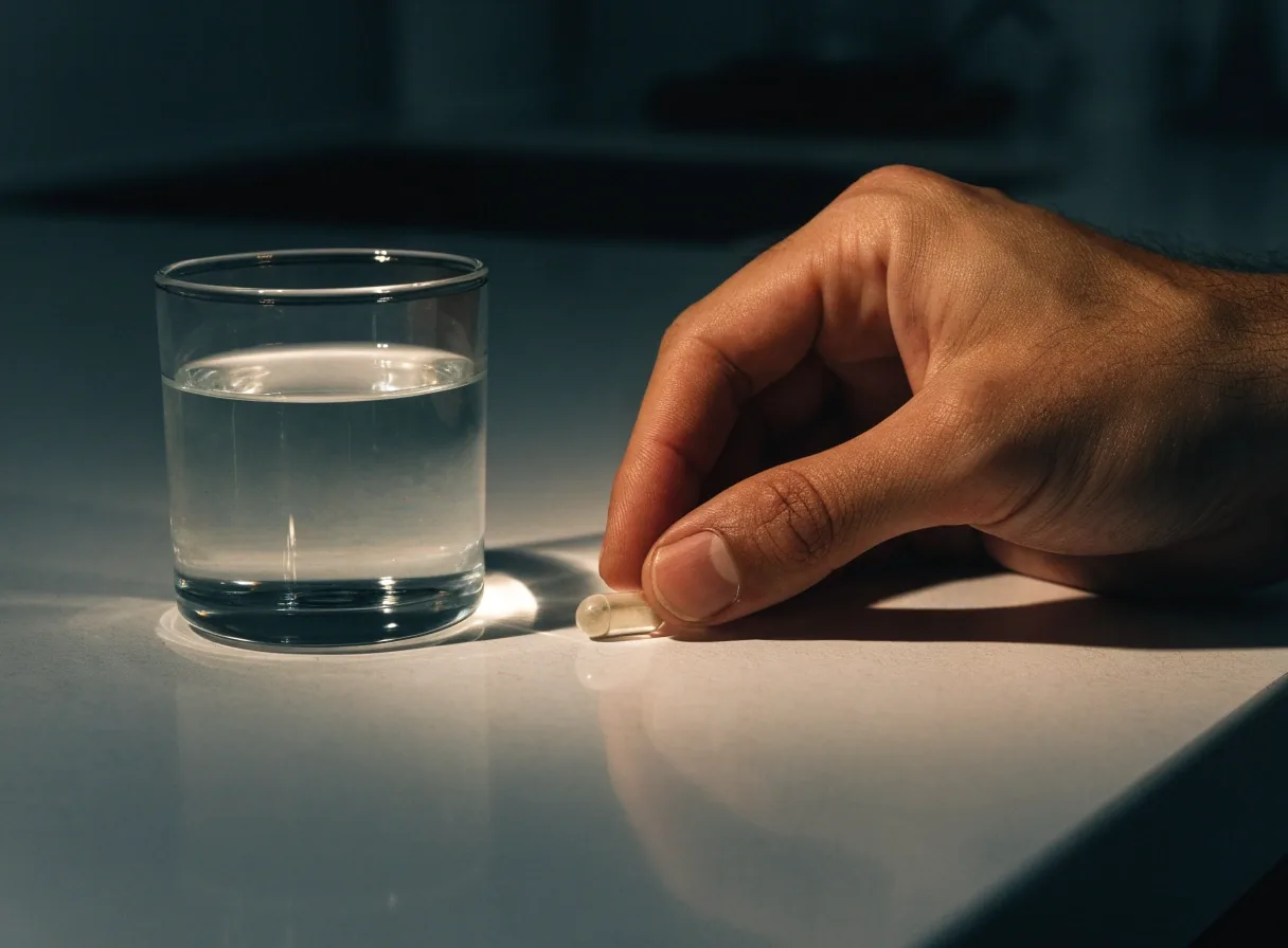 A sealed unlabeled supplement bottle and a glass of water on a cool matte shelf under one warm bulb