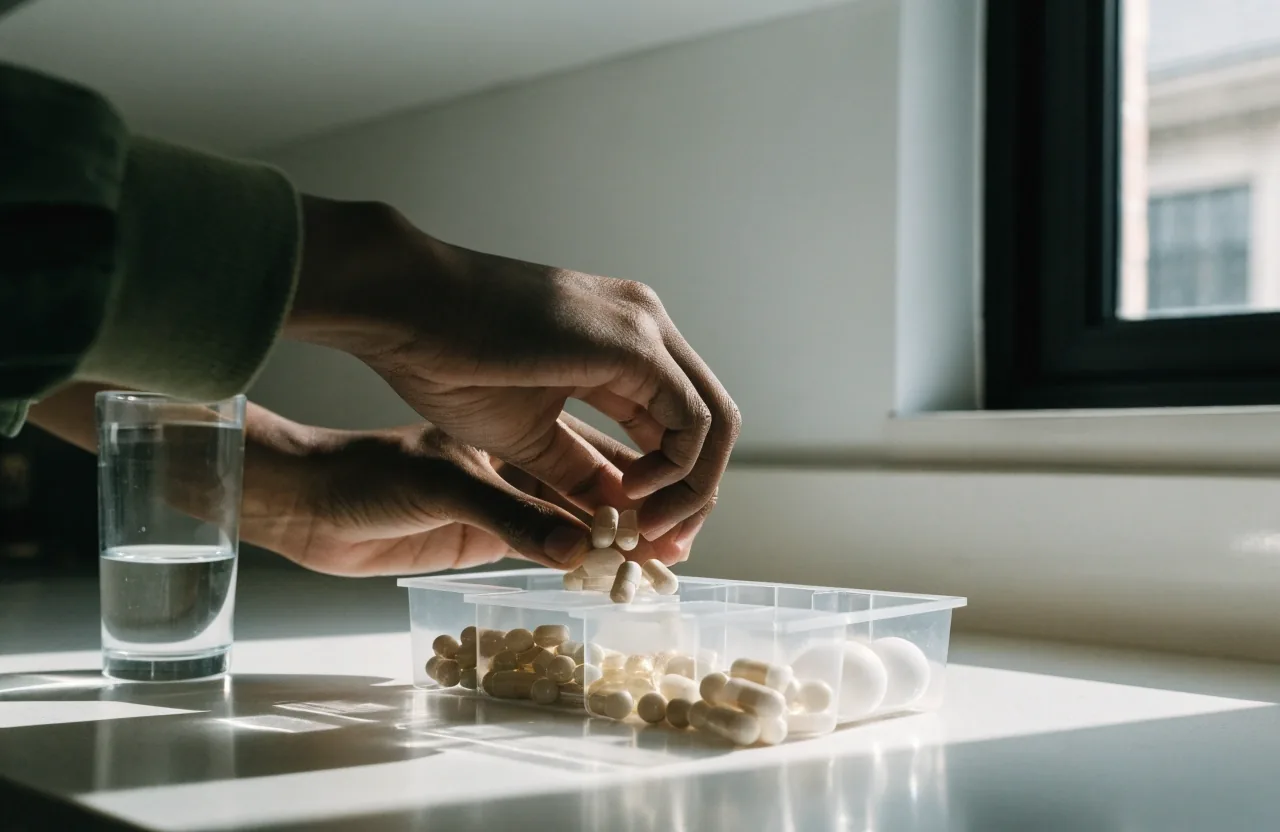Hands filling a plain pill organizer with unlabeled capsules beside a glass of water in morning light