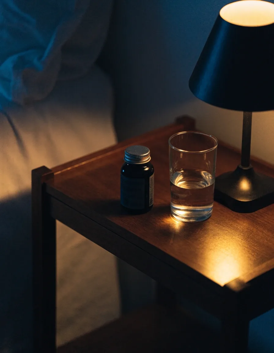 A dim bedroom corner at night with a plain mattress edge and a single shaded lamp casting one warm pool of light