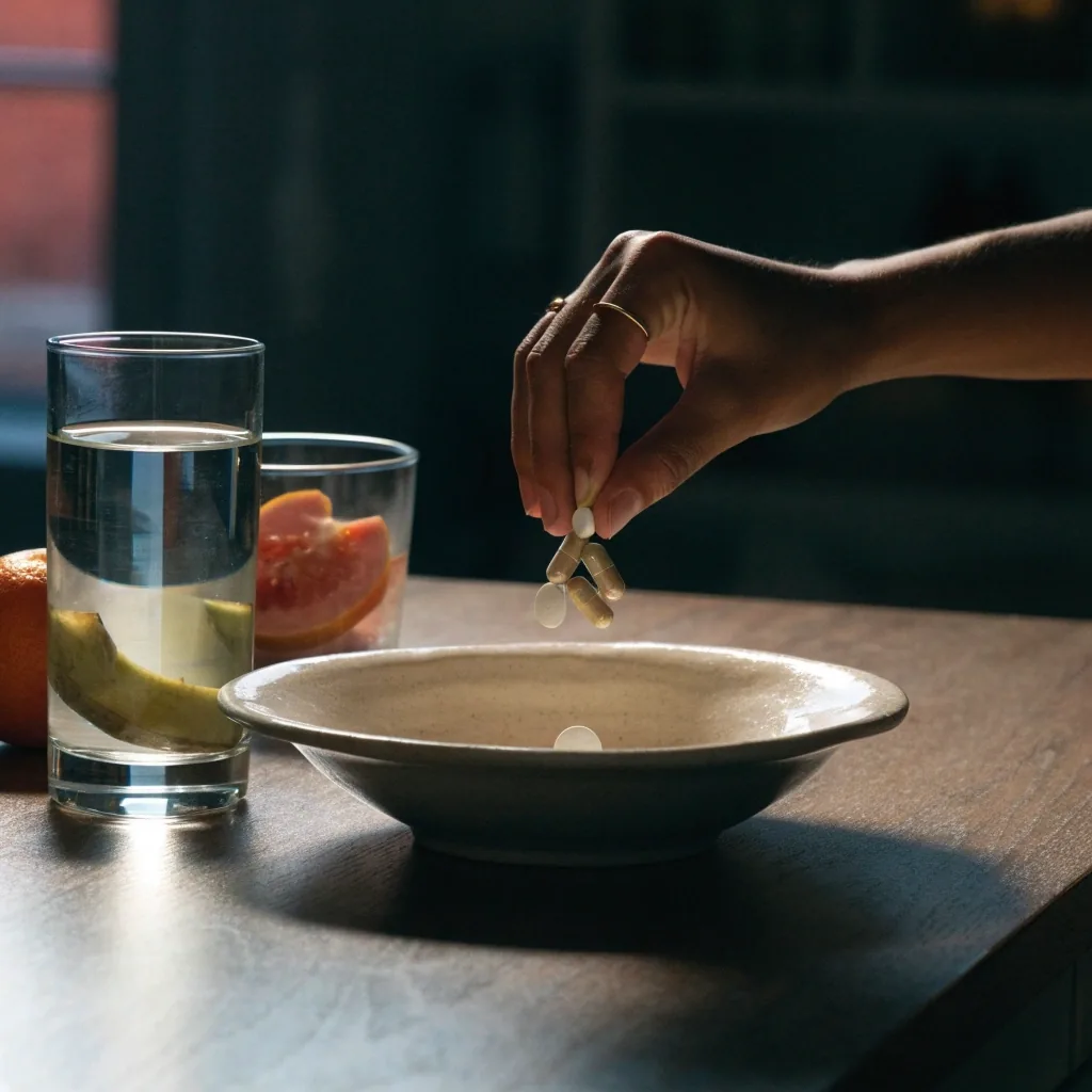 Unbranded capsules, a tablet and dried root slices photographed as loose supplement forms under a single warm key light