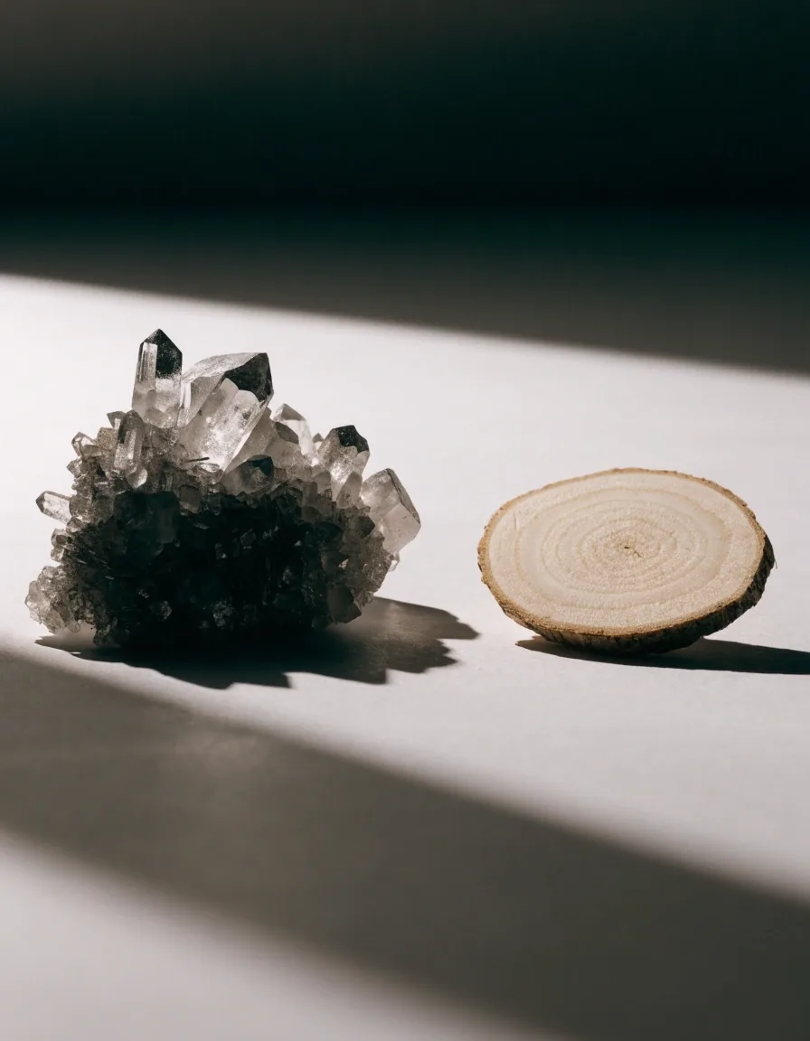 A zinc crystal cluster and a slice of dried maca root photographed as loose specimens on a matte surface