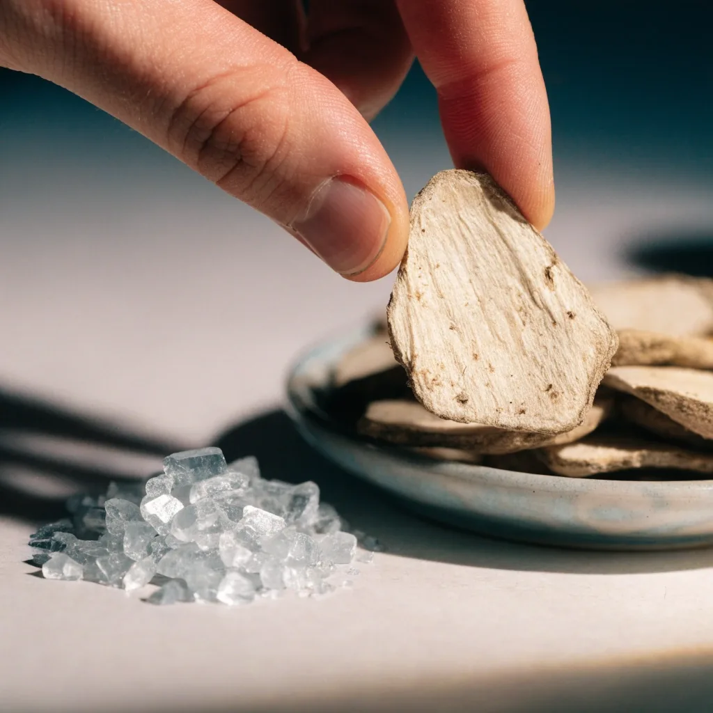 Cut-out mineral crystal cluster and a dried maca root slice photographed on a plain matte surface