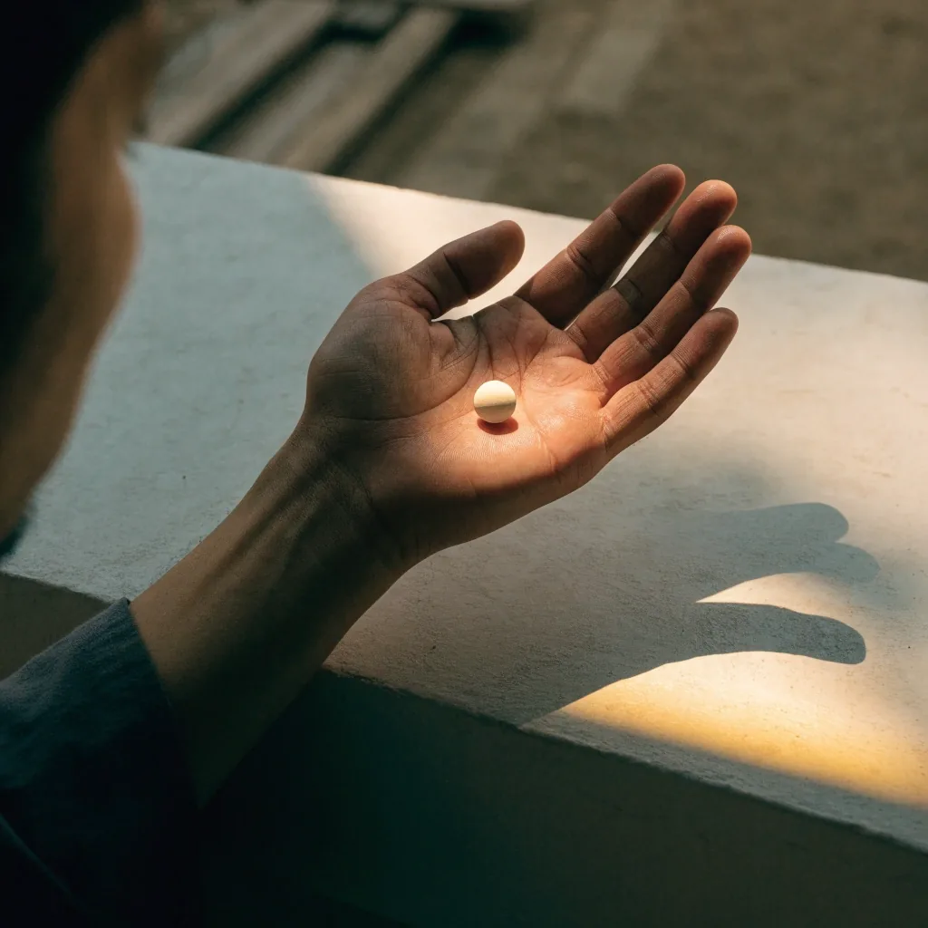 Anonymous broad-spectrum men's multivitamin tablet on a matte plaster surface with further tablets blurred behind